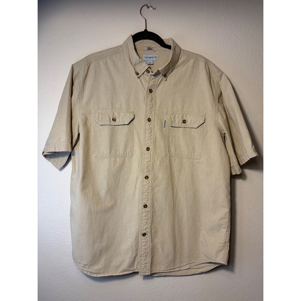Carhartt Mens XL Tan Khaki Short Sleeve Button Down Work Shirt 100139 Cotton